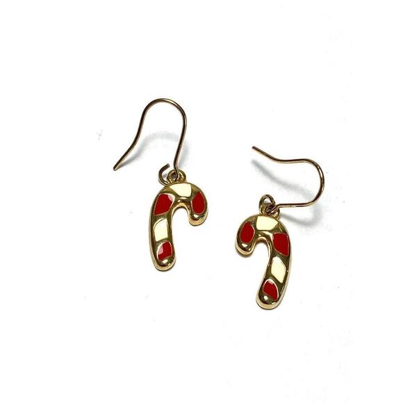 Candy Cane Earrings Christmas Enamel Gold Tone - Picture 2 of 5